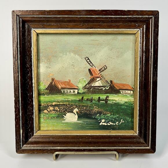 Other - Original Vintage Oil On Board Painting Belgium Windmill River Swan Framed 6.25”